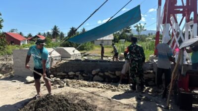 Pendampingan Koramil 1315-02/Limboto Percepat Pekerjaan Pondasi, Rangka Landasan, Dan Akses Masuk Jembatan Garuda Hutuo